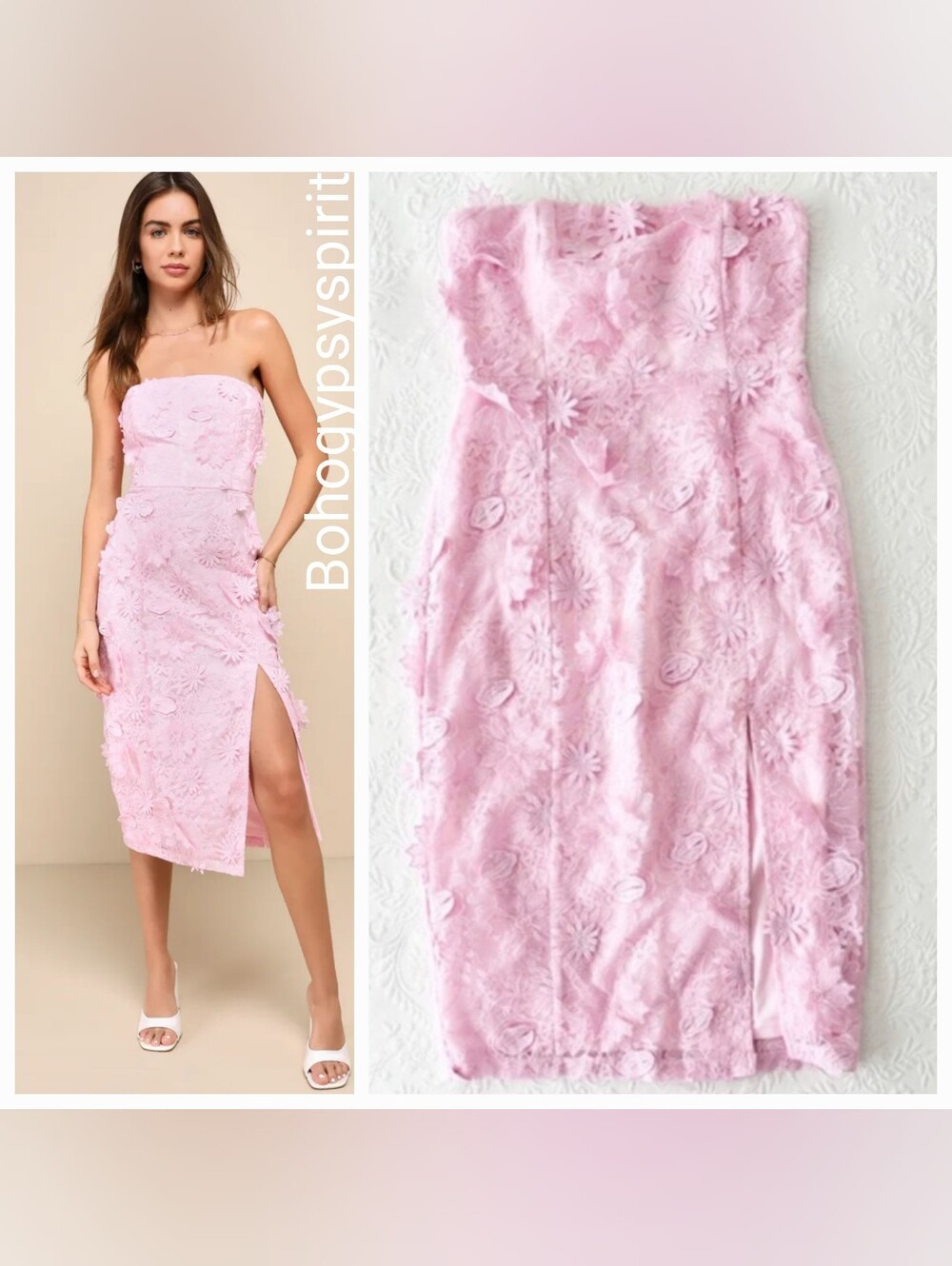 Lulu's Strapless Pink 3D Floral Embroidered Midi Dress, Size Medium - Picture 9 of 9